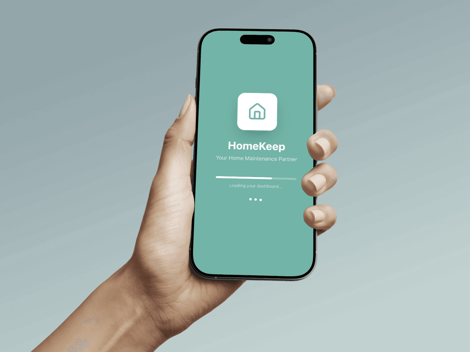 Hand holding iPhone mockup showing HomeKeep loading screen