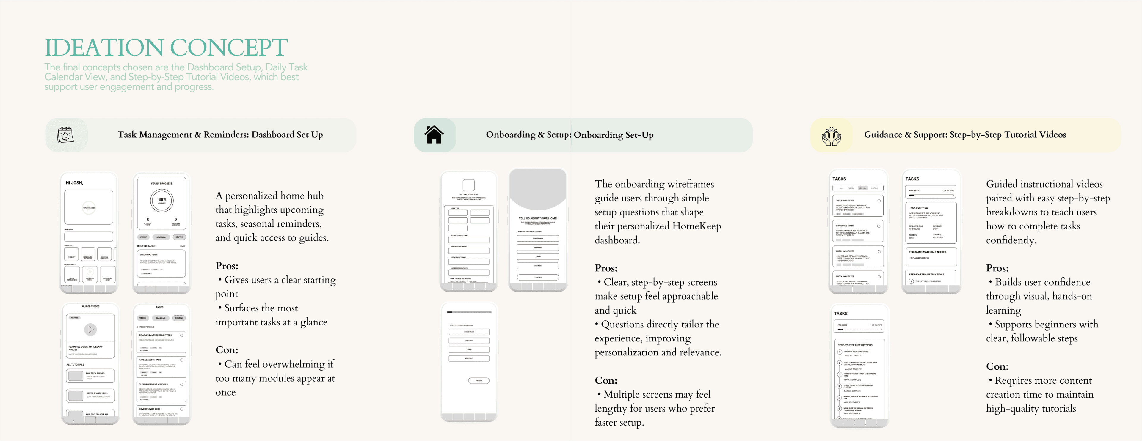 Ideation concept slide with three concept pillars and pros and cons