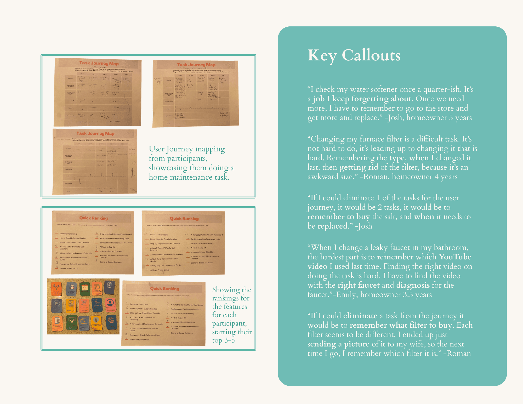 Participant journey map and callout quotes from homeowner sessions