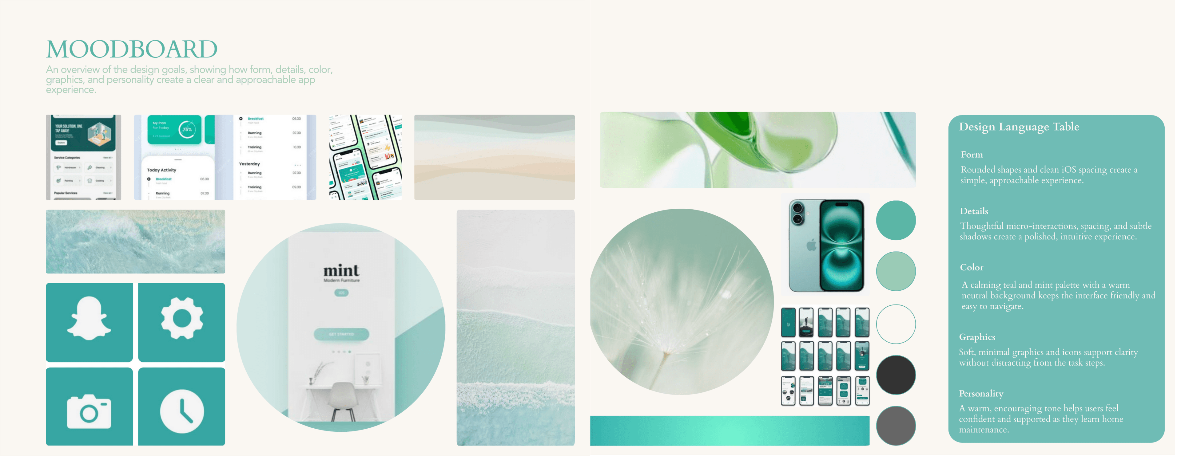 Moodboard and design language table for HomeKeep visual direction