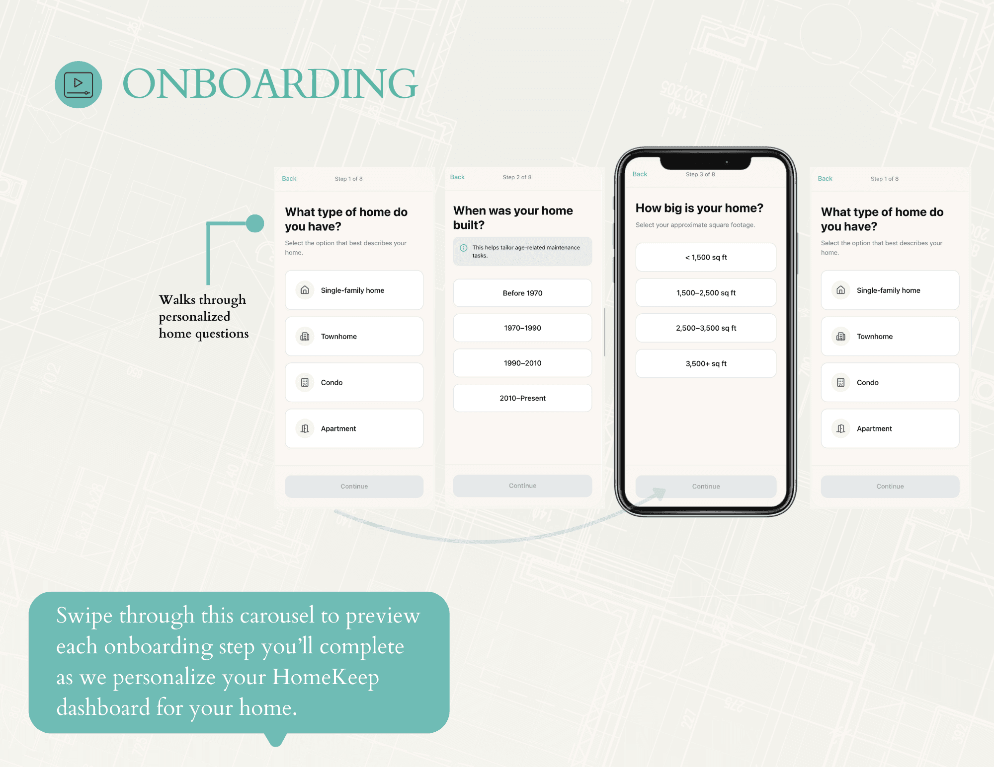 Detailed onboarding carousel showing multi-step personalization flow