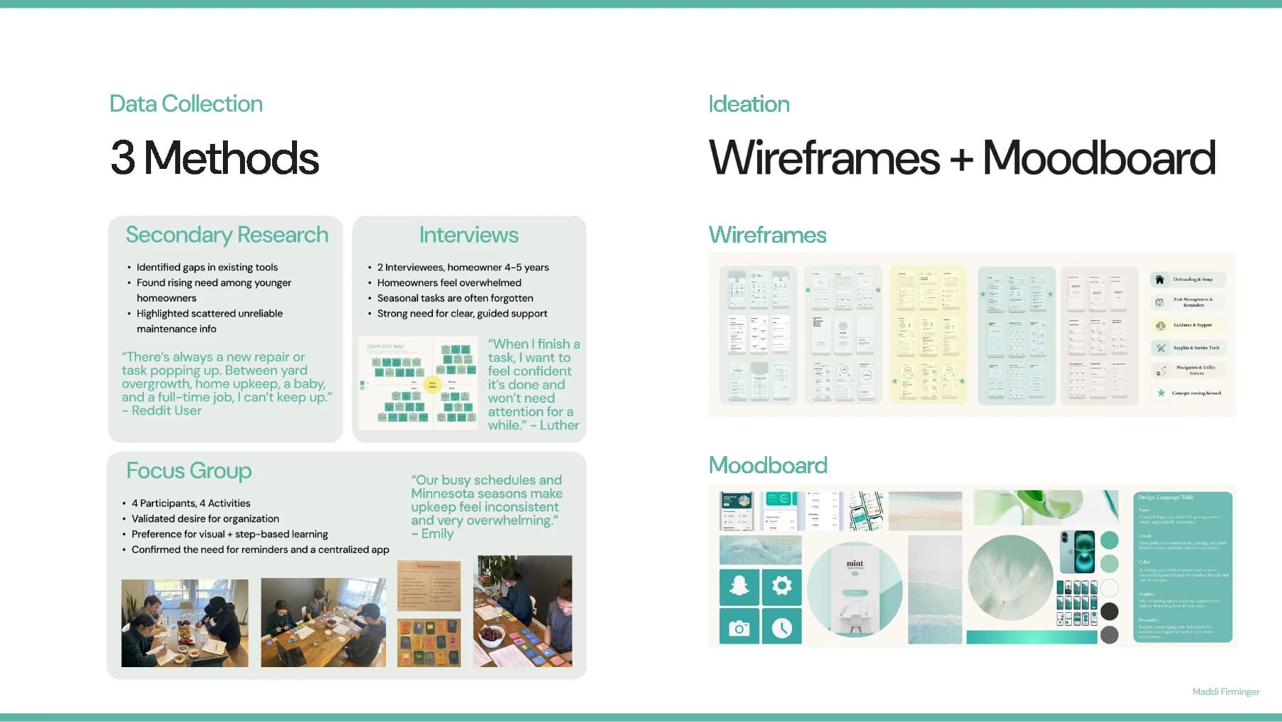 HomeKeep research methods, wireframes, and calming teal moodboard