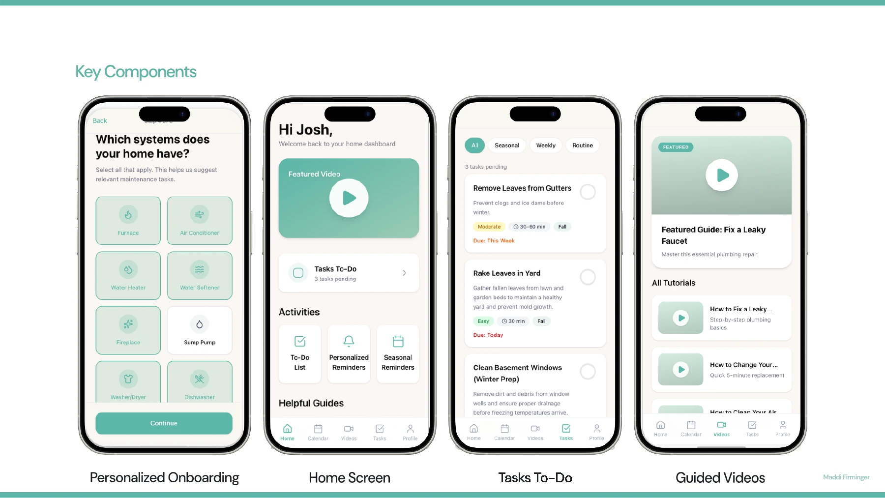 HomeKeep high-fidelity screens for onboarding, dashboard, tasks, and guided videos