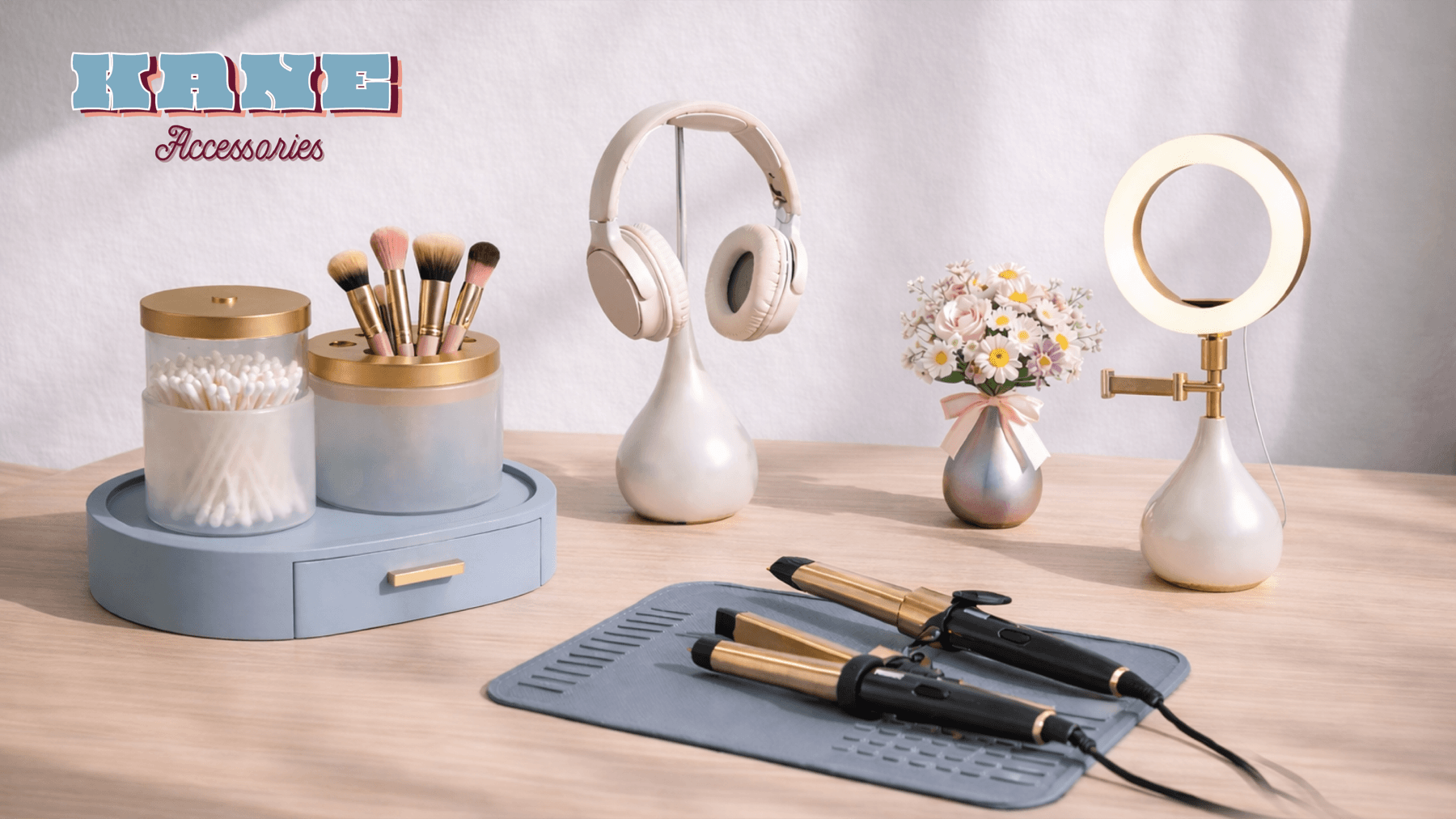 Kane Accessories lifestyle render with beauty objects, tools, and desk products
