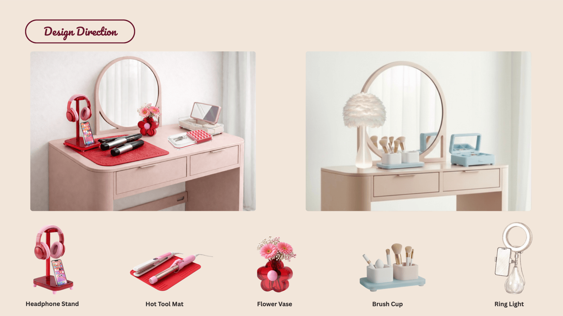 Kane design direction board showing two styled vanity scenes and accessory lineup