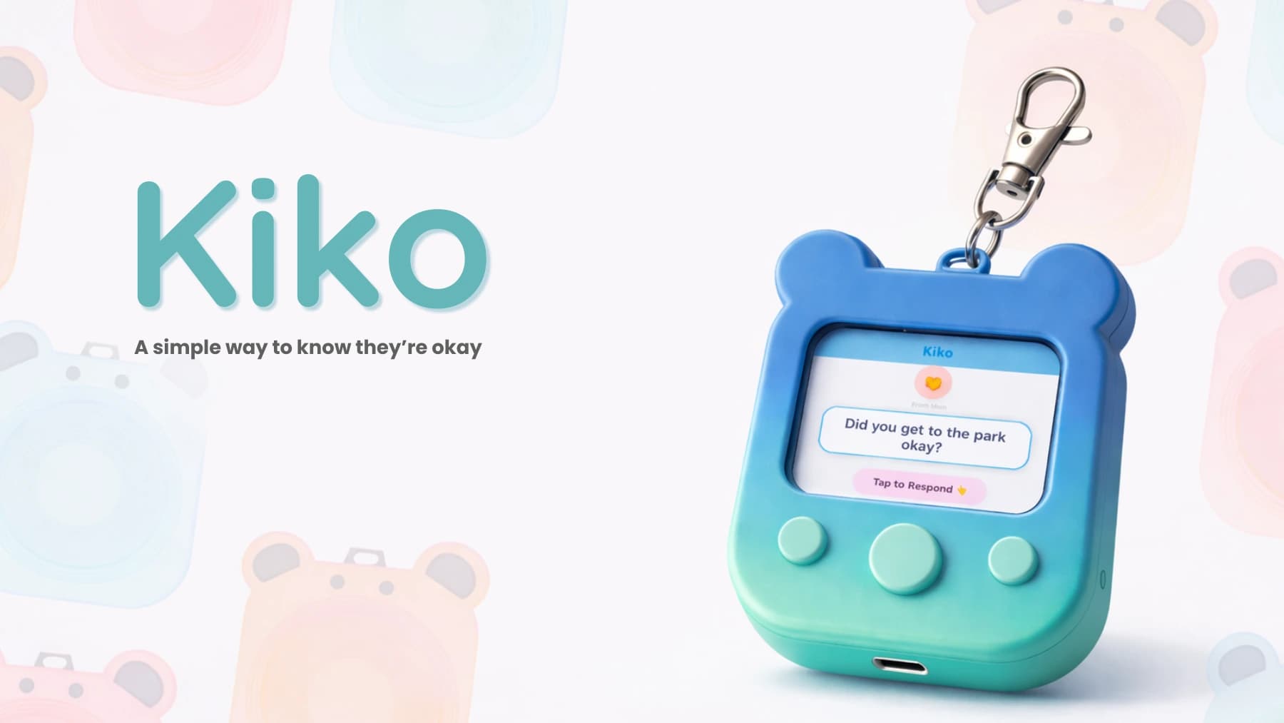 Kiko presentation cover showing the blue and teal keychain communication device