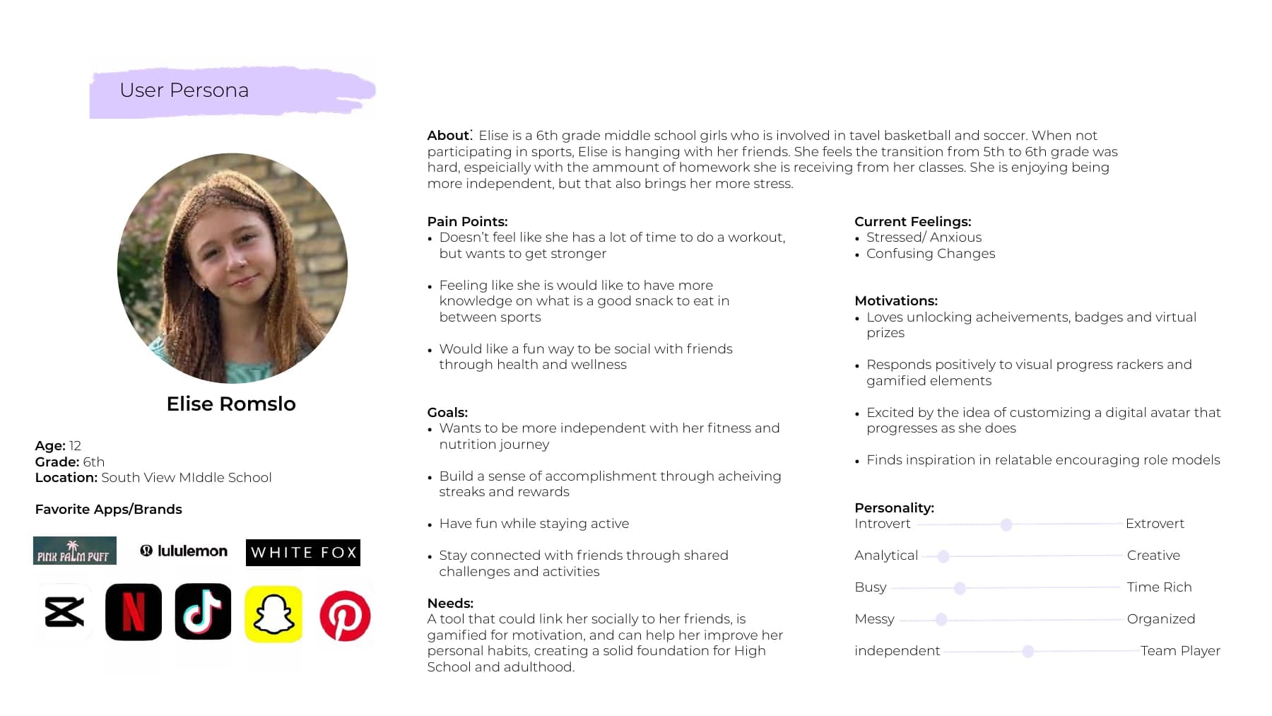 CoreFour persona for Elise, a middle school student