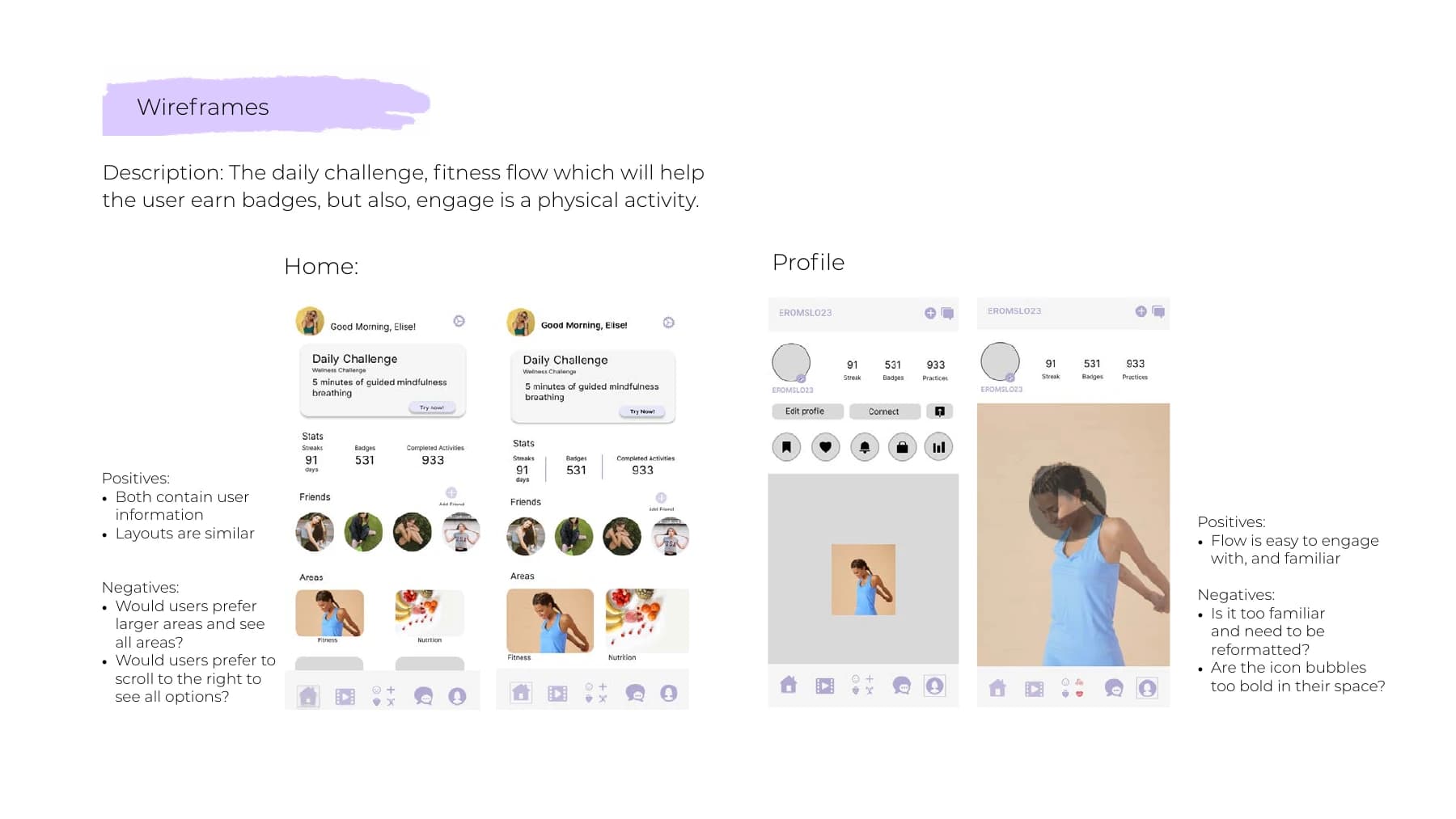 CoreFour early home and profile wireframes