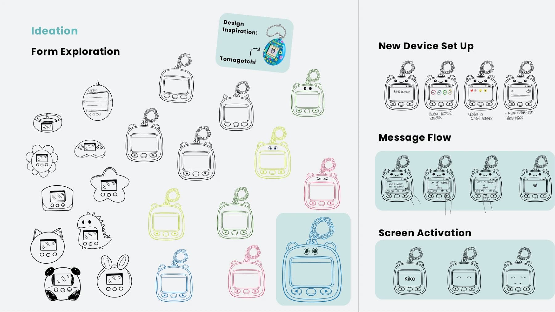 Kiko form exploration and early device and message-flow sketches
