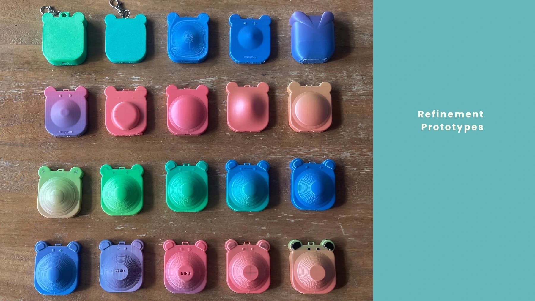 Rows of Kiko physical prototypes showing progressive form refinement