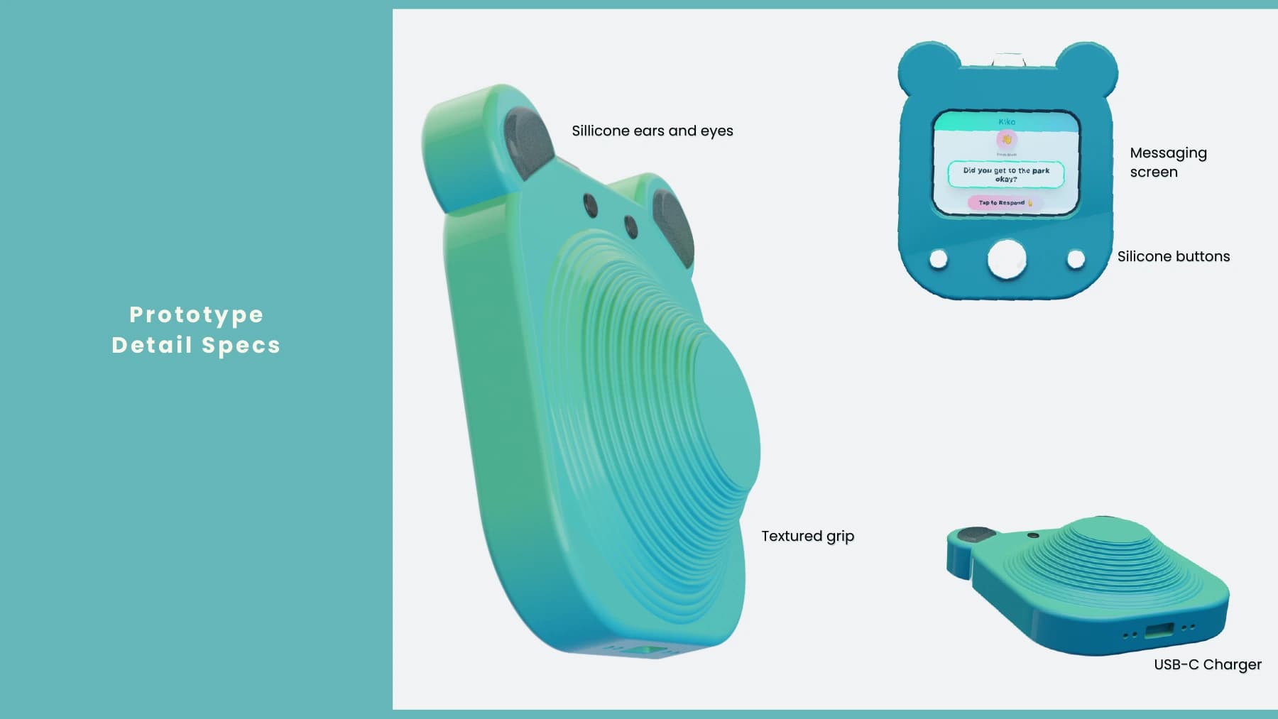 Kiko exterior detail specifications including grip, controls, screen, and USB-C port