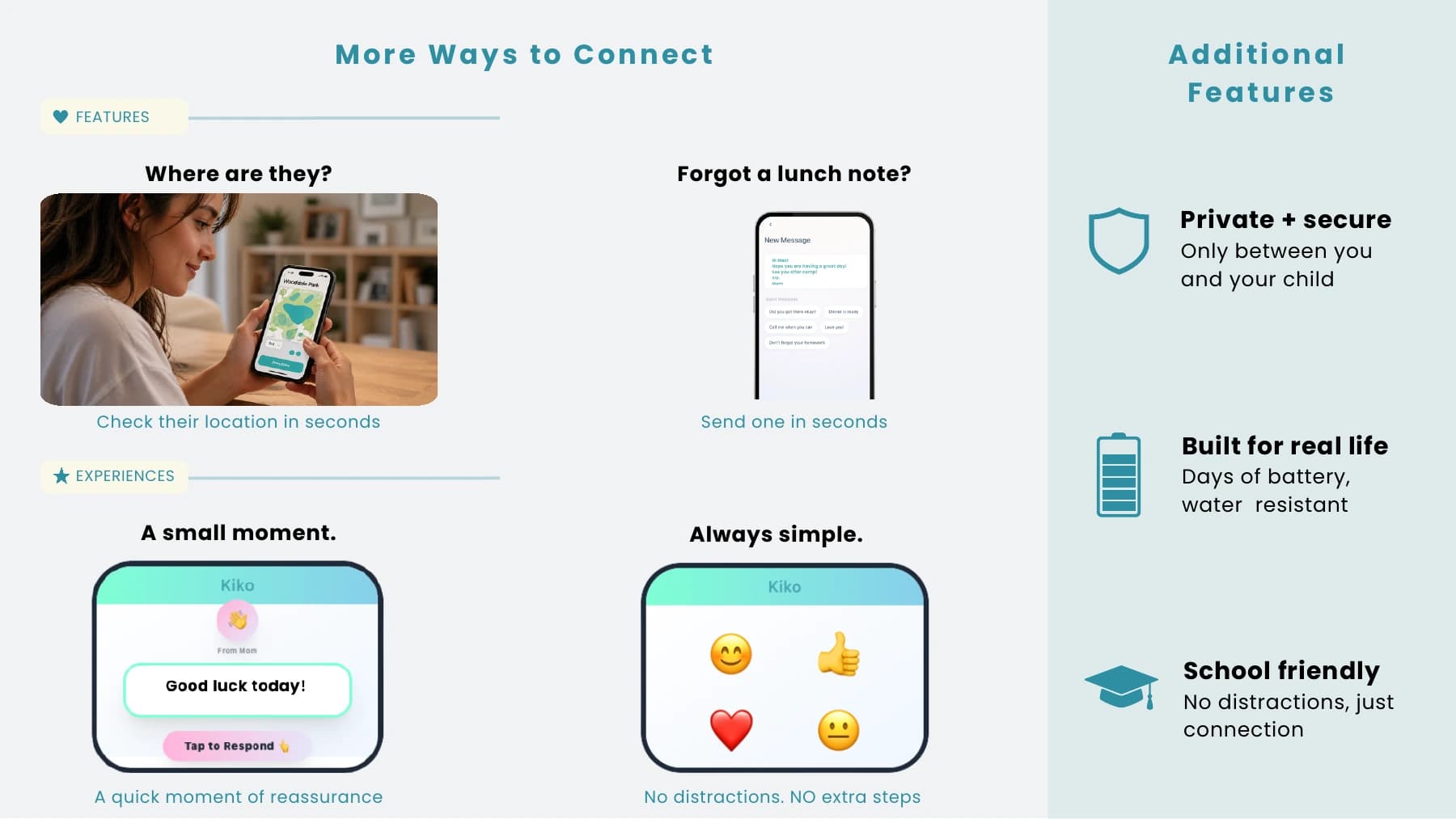 Kiko additional features including location, notes, privacy, battery, and school use