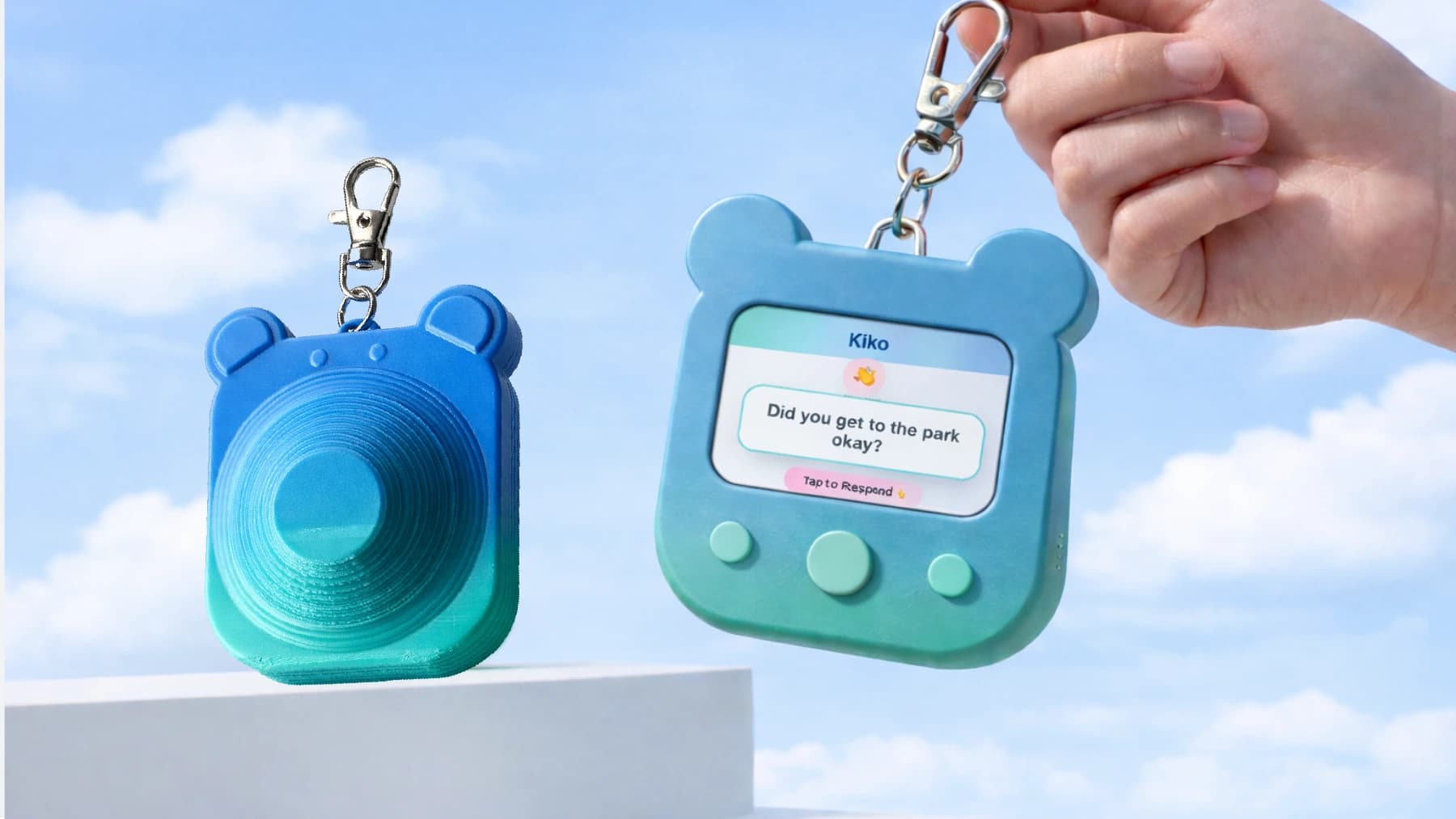 Final blue and teal Kiko devices against a bright sky